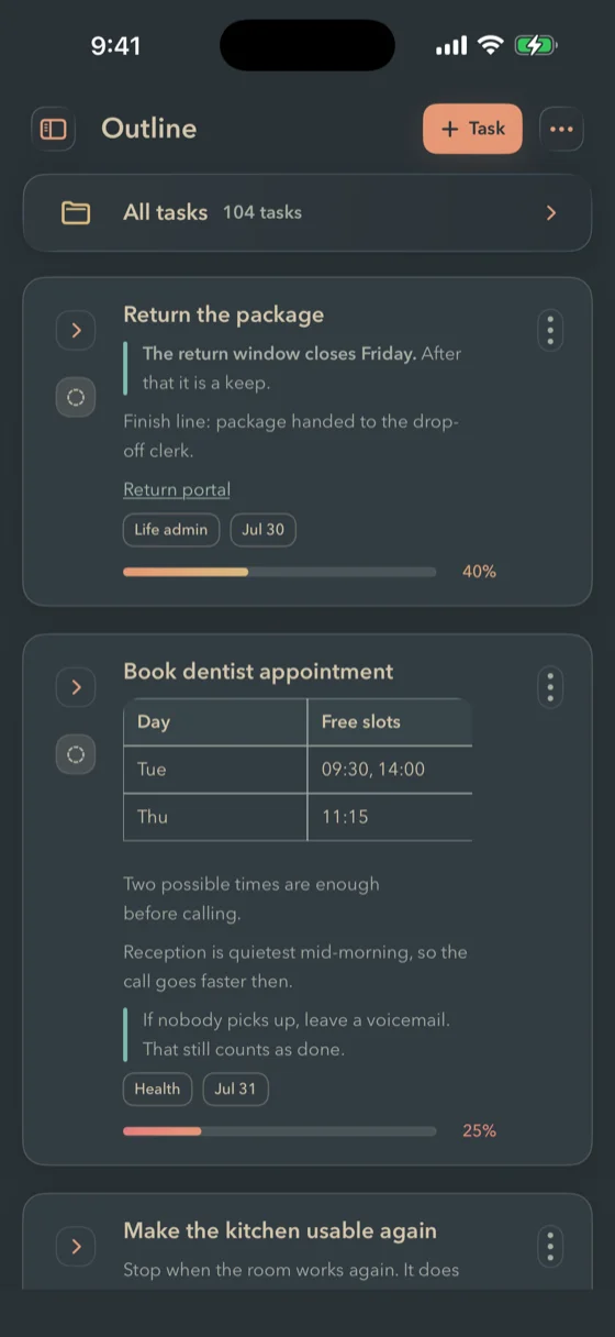 The same FinishTrax Outline screen in the Dark Soft theme.