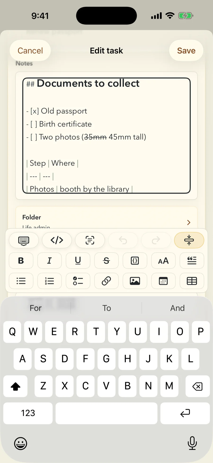 The FinishTrax note editor open on the Renew passport task with the on-screen keyboard up. The note reads Documents to collect as a heading, then a checklist with Old passport ticked, Birth certificate and Two photos still open and 35mm struck through, then the first rows of a Step and Where table. Three toolbar rows sit above the keyboard: keyboard, raw Markdown, format, undo and redo; bold, italic, underline, strikethrough, code, heading and quote; bullet list, numbered list, checklist, link, image, date and table.