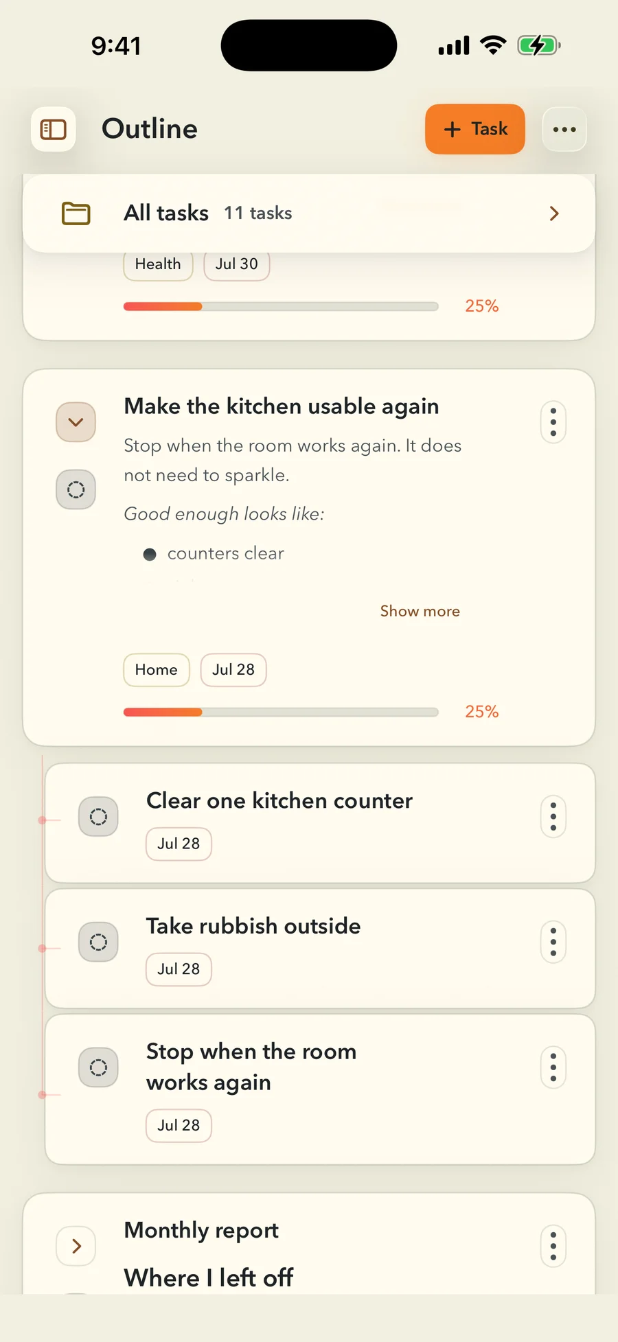 FinishTrax Outline with the Make the kitchen usable again branch expanded. The parent sits at 25 percent with a note reading Stop when the room works again. It does not need to sparkle. Its subtasks hang beneath it on a connecting line: Clear one kitchen counter, Take rubbish outside, and Stop when the room works again, each due Jul 28.