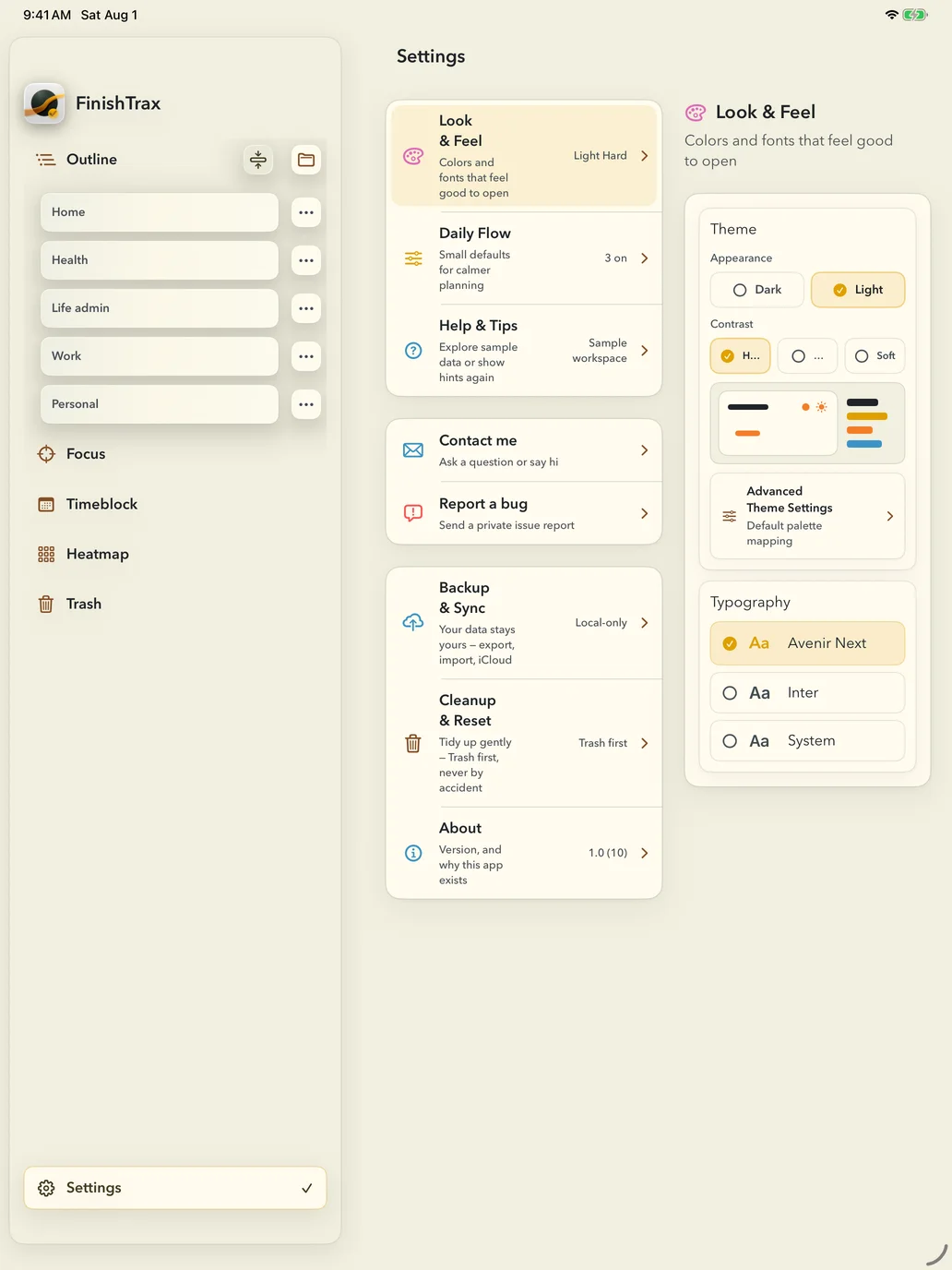 FinishTrax Settings on iPad, laid out in three columns. The app sidebar sits on the left, the settings list in the middle — Look & Feel reading Light Hard, Daily Flow, Help & Tips, Contact me, Report a bug, Backup & Sync, Cleanup & Reset and About — and the Look & Feel detail on the right, where Appearance offers Dark and Light, Contrast offers Hard, Medium and Soft, and a live preview swatch sits under them above the typography choices.