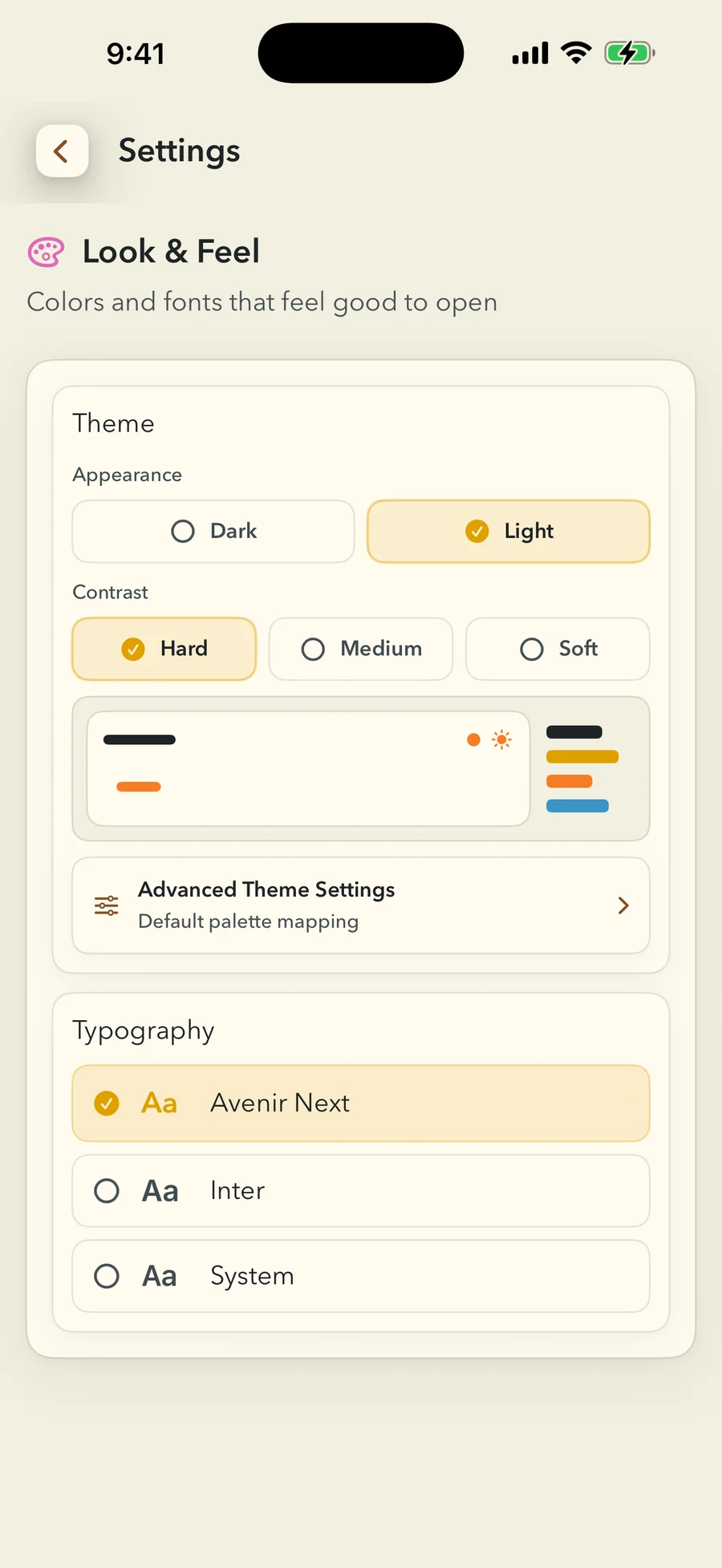 FinishTrax Look &amp; Feel settings. Appearance is set to Light and Contrast to Hard, with a live preview strip below and a Typography list offering Avenir Next, Inter and System.