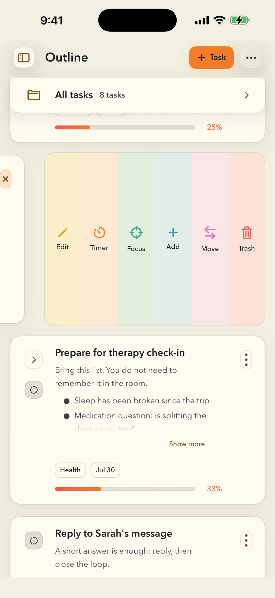 A FinishTrax task row swiped open to reveal six coloured actions side by side: Edit, Timer, Focus, Add, Move and Trash.
