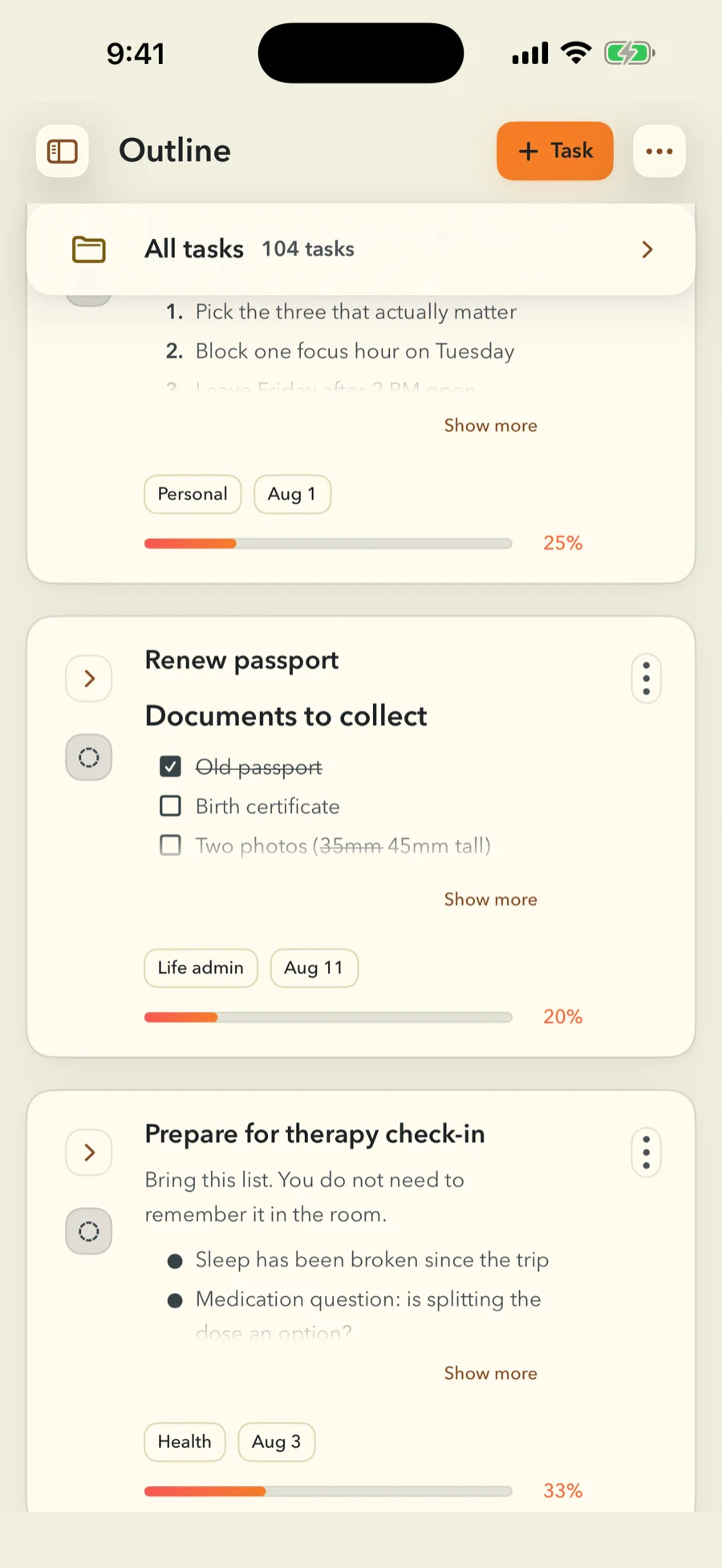 Two FinishTrax task cards with their Markdown notes rendered inline. Renew passport carries a heading reading Documents to collect above a checklist — Old passport ticked off, Birth certificate and Two photos still open, with 35mm struck through and corrected to 45mm. Prepare for therapy check-in below it opens Bring this list. You do not need to remember it in the room, above a bullet list starting Sleep has been broken since the trip.