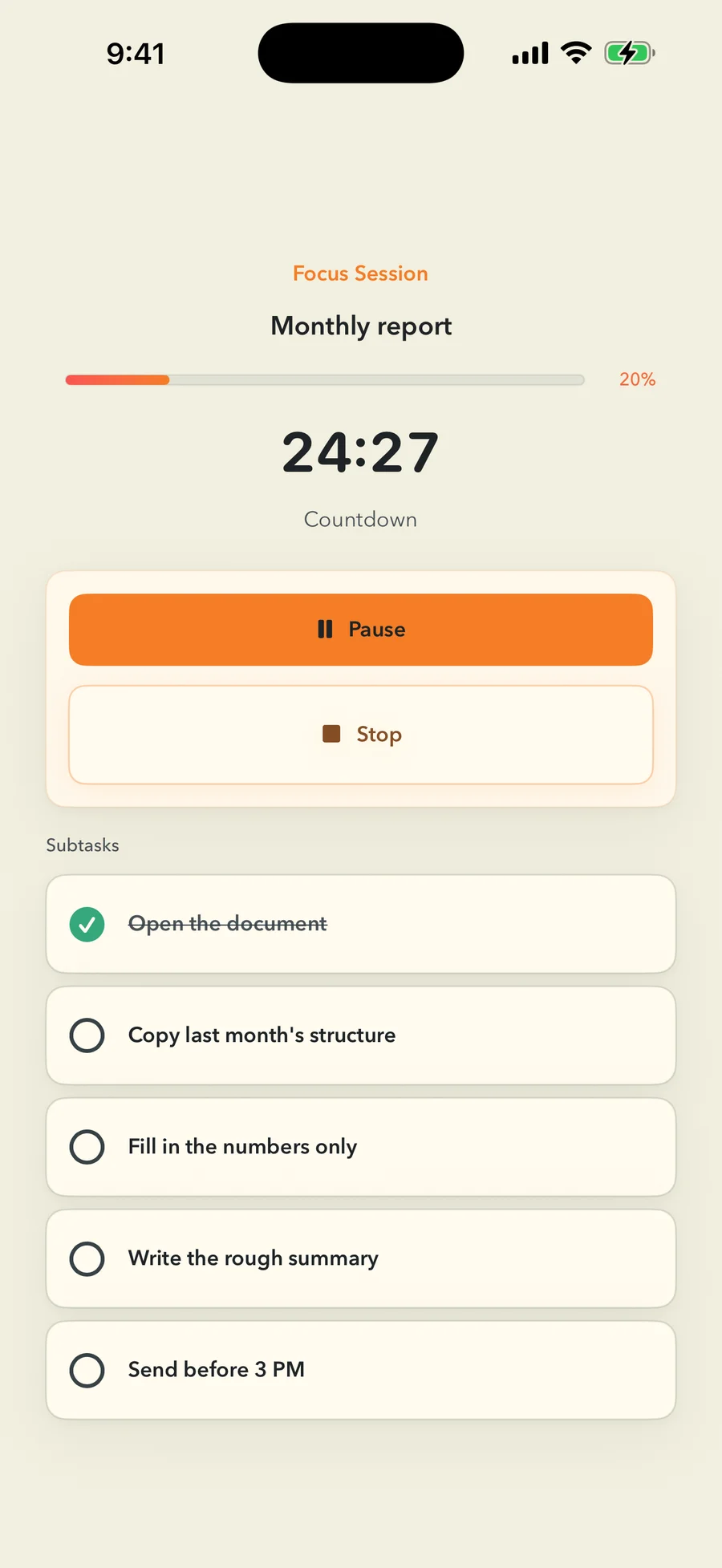 The FinishTrax focus session screen for the task Monthly report. Under a Focus Session label the task's progress bar reads 20 percent, above a large countdown with roughly 24 minutes left and the word Countdown. Pause and Stop buttons sit below, and under a Subtasks heading five rows follow: Open the document ticked off and struck through, then Copy last month's structure, Fill in the numbers only, Write the rough summary, and Send before 3 PM.
