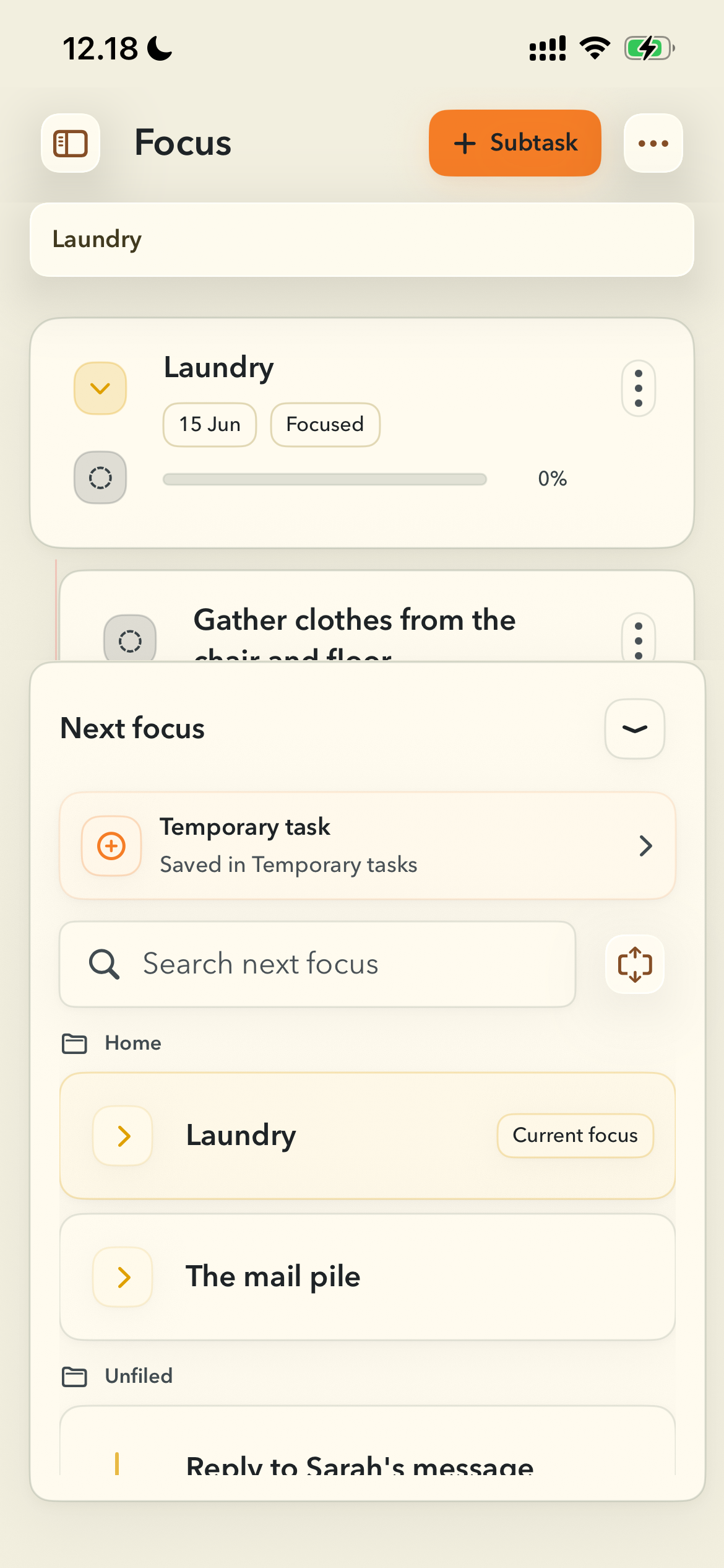 FinishTrax focus mode showing a single task branch with Next Focus queue at the bottom