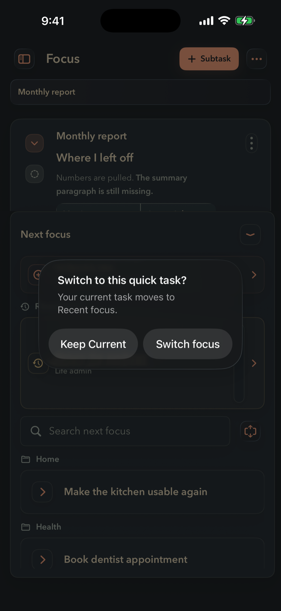 FinishTrax asking Switch to this quick task? with the explanation Your current task moves to Recent focus, and two buttons: Keep Current and Switch focus. Behind the dialog, the Monthly report branch is still open.