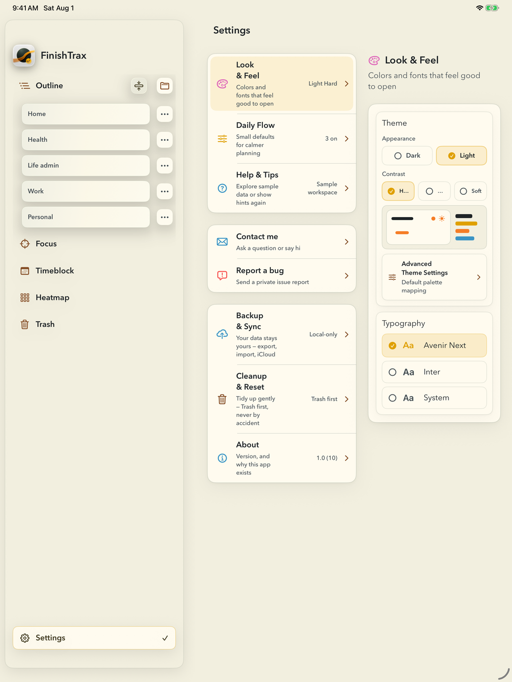 FinishTrax Settings on iPad, laid out in three columns. The app sidebar sits on the left, the settings list in the middle — Look & Feel reading Light Hard, Daily Flow, Help & Tips, Contact me, Report a bug, Backup & Sync, Cleanup & Reset and About — and the Look & Feel detail on the right, where Appearance offers Dark and Light, Contrast offers Hard, Medium and Soft, and a live preview swatch sits under them above the typography choices.