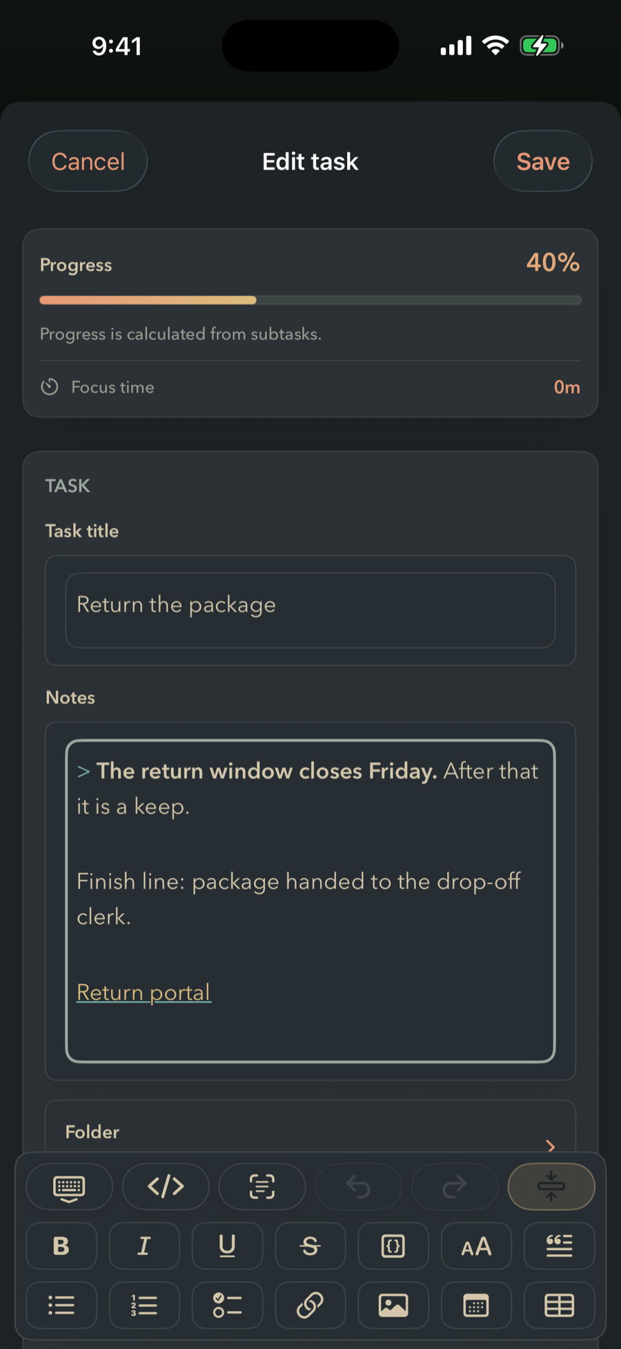 The FinishTrax note editor with its formatting toolbar expanded above the keyboard: bold, italic, underline, strikethrough, code, heading and quote on one row; bullet list, numbered list, checklist, link, image, date and table on the next.