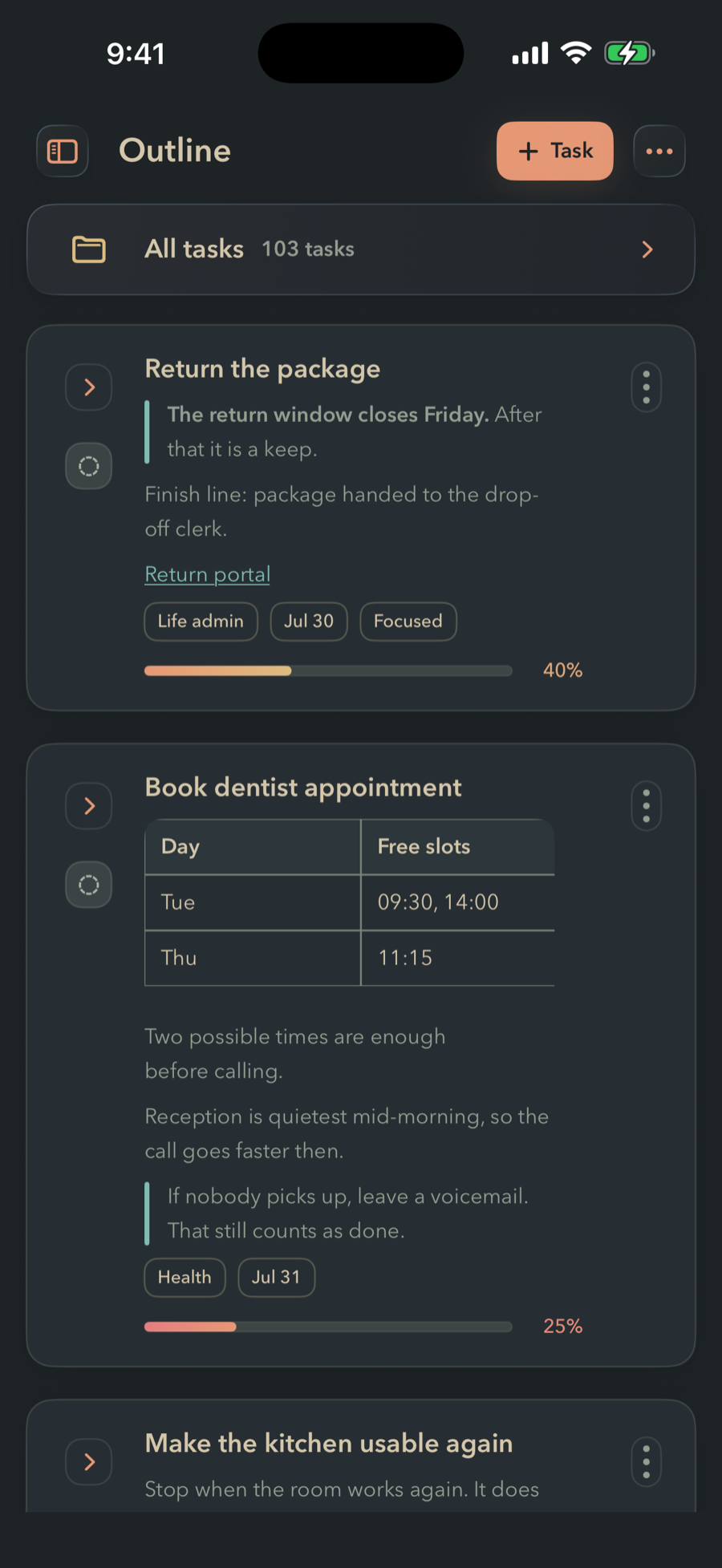FinishTrax Outline screen showing a folder lens reading All tasks, 103 tasks, above three project cards: Return the package at 40 percent with a quoted deadline and a link, Book dentist appointment at 25 percent with a two-column table of free slots, and Make the kitchen usable again below it. Each card carries its own note and progress bar.