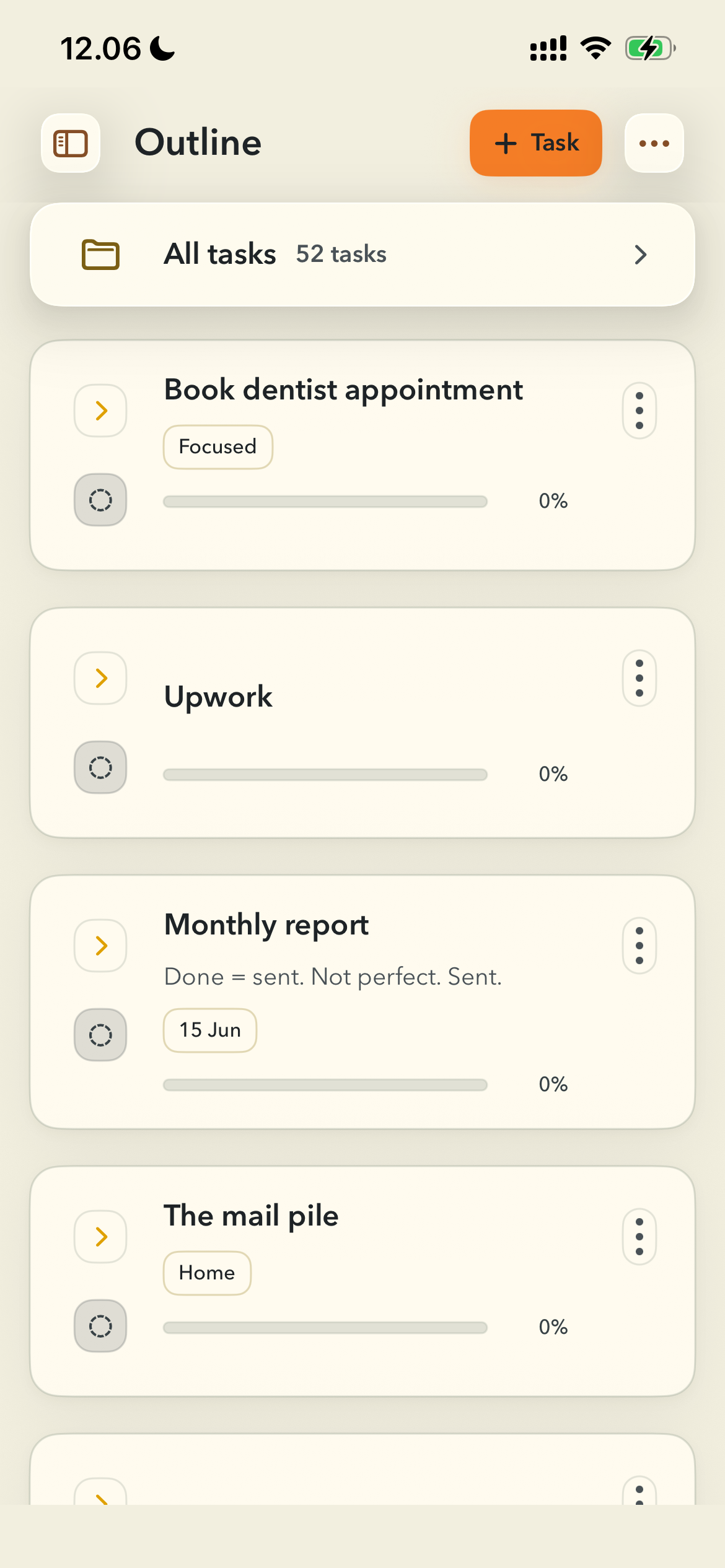 FinishTrax overview showing nested tasks with progress bars