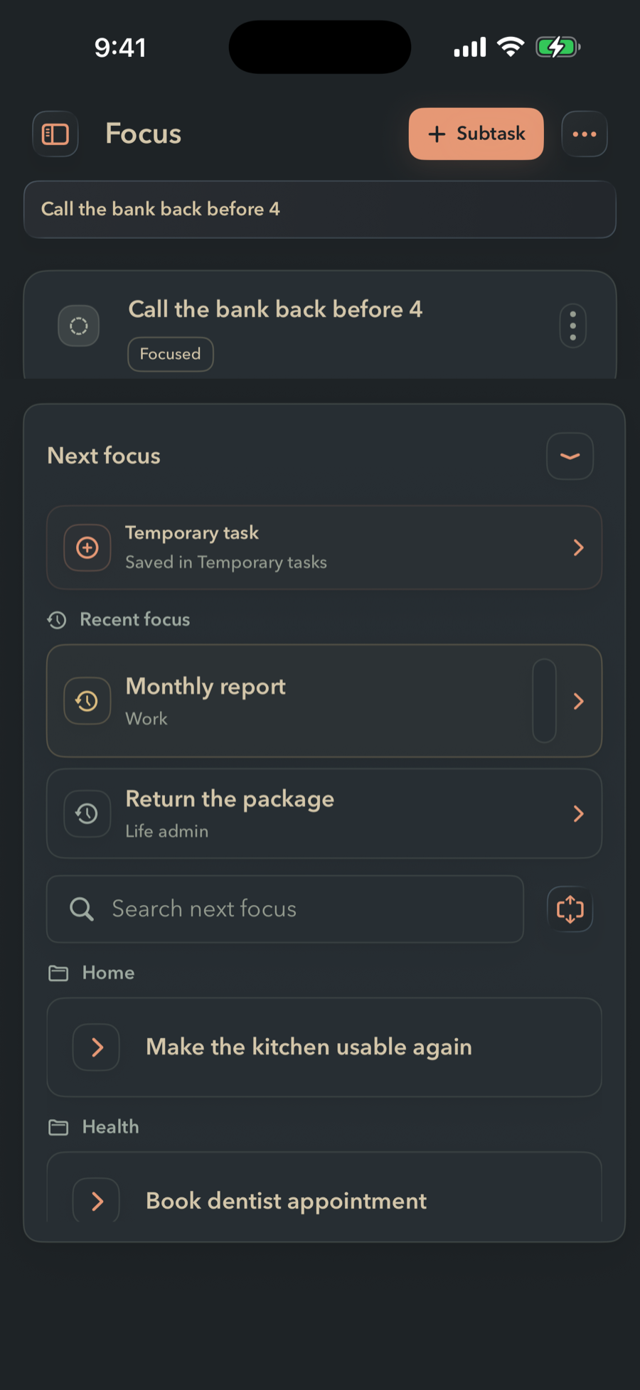The FinishTrax Next focus queue with a quick task called Call the bank back before 4 currently in focus. Under the Recent focus heading, Monthly report sits at the top of the list, ready to return to in one tap.