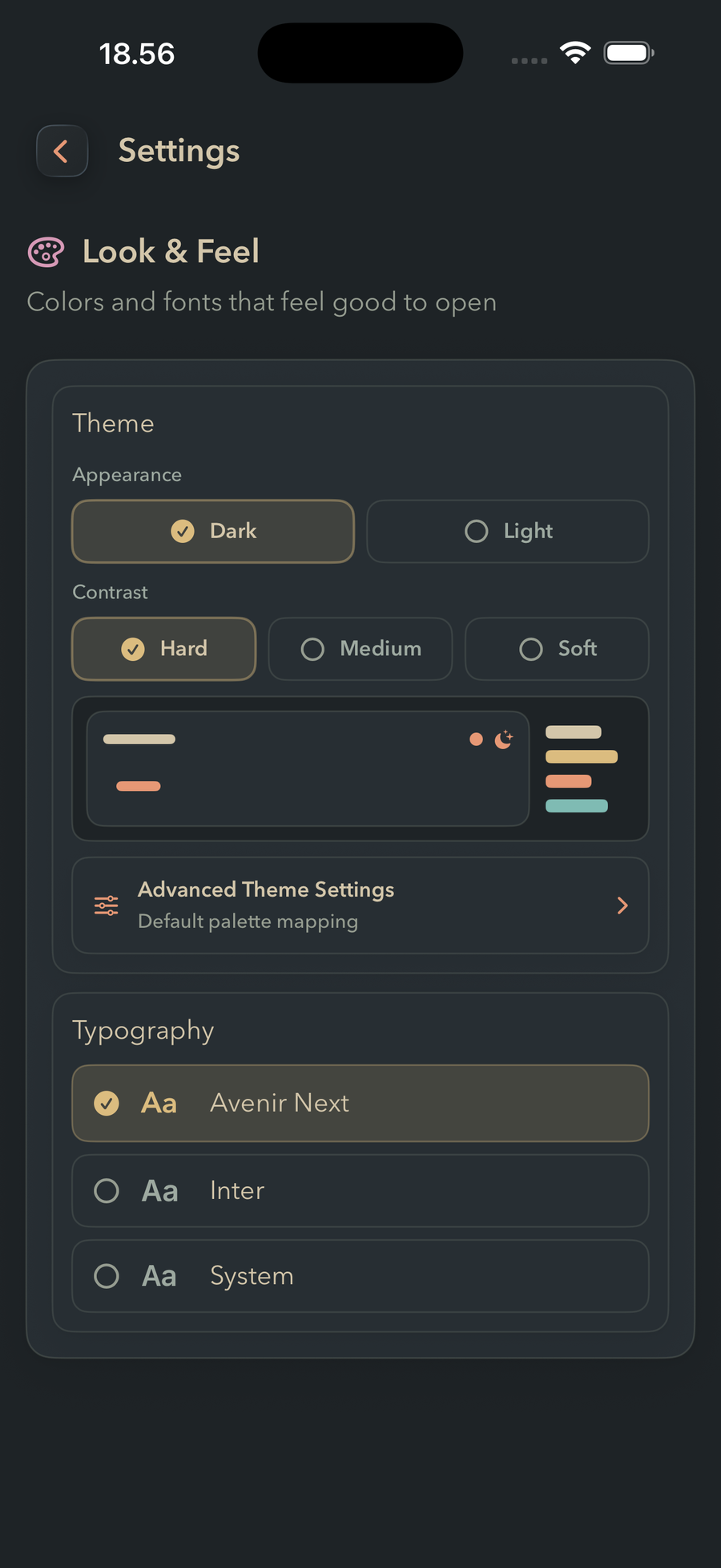 FinishTrax Look & Feel settings. Appearance is set to Dark and Contrast to Hard, with a live preview strip below and a Typography list offering Avenir Next, Inter and System.