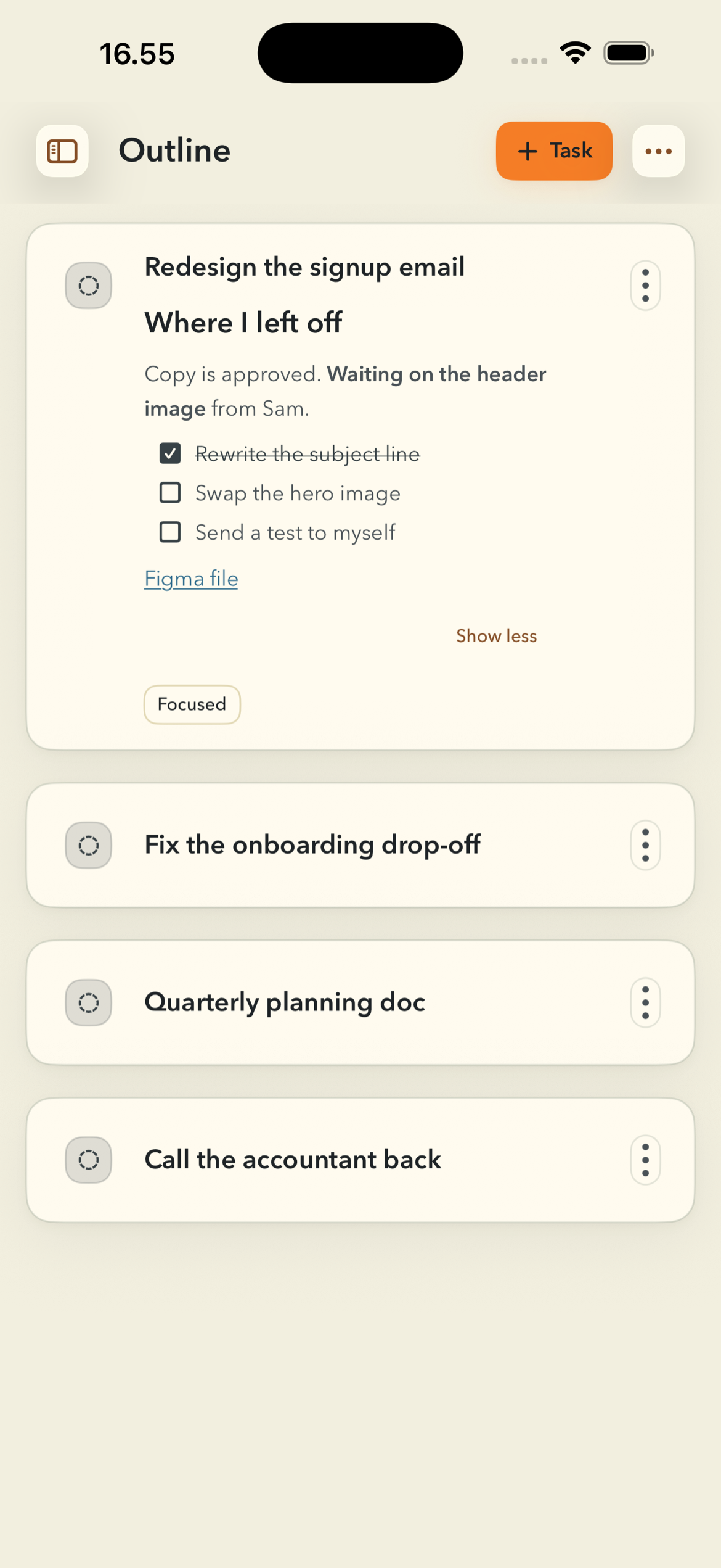 A FinishTrax task card with its Markdown note rendered inline — a heading, bold text, a three-item checklist, and a link