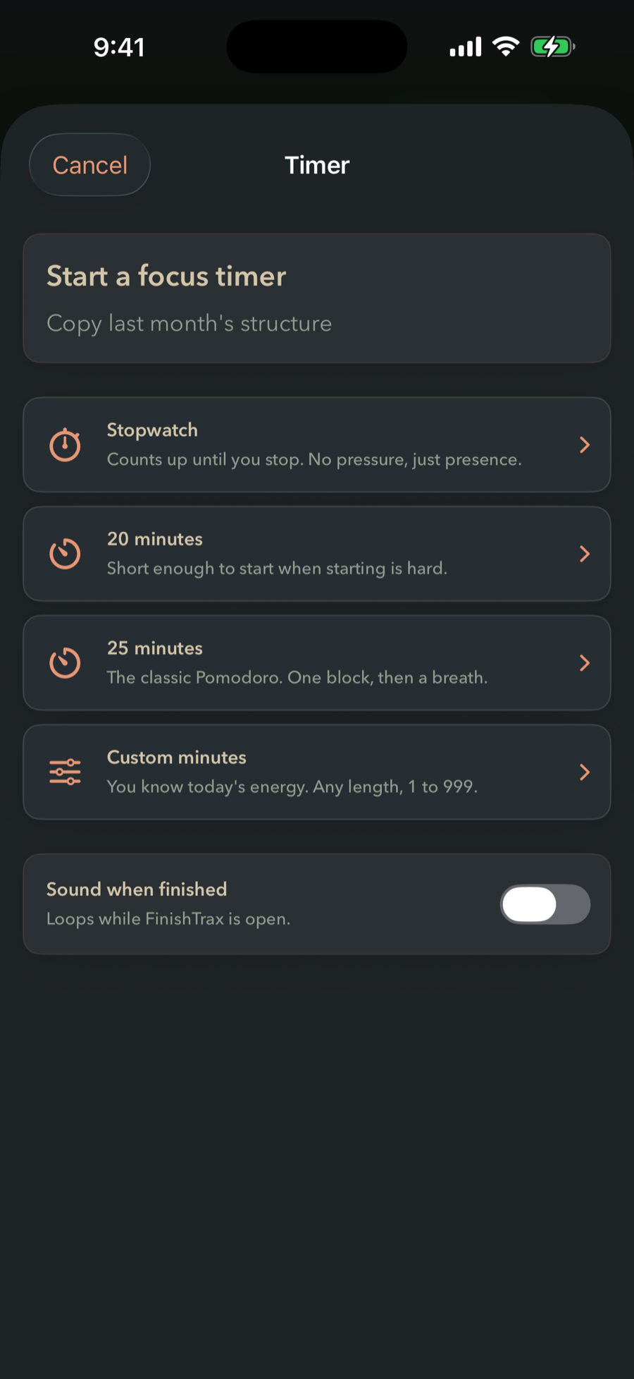 The FinishTrax timer sheet headed Start a focus timer. Options read Stopwatch — counts up until you stop, no pressure, just presence; 20 minutes — short enough to start when starting is hard; 25 minutes — the classic Pomodoro; and Custom minutes.