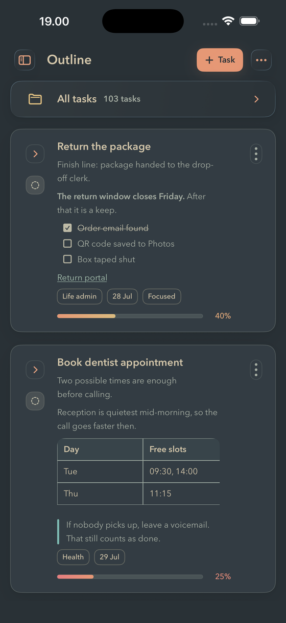 The same FinishTrax Outline screen in the Dark Soft theme.
