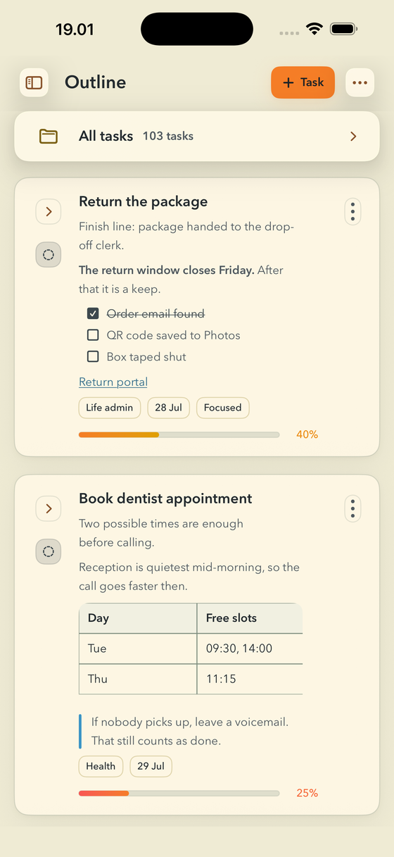 The same FinishTrax Outline screen in the Light Medium theme.