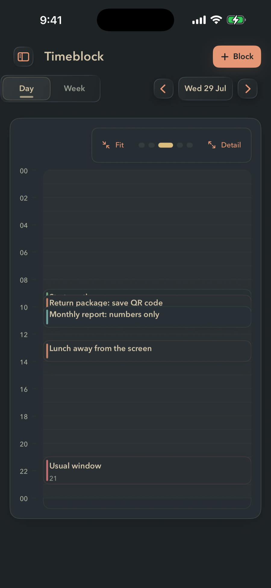 FinishTrax Timeblock day view for Wednesday 29 July. A full 24-hour grid holds four blocks — Return package: save QR code and Monthly report: numbers only in the late morning, Lunch away from the screen at midday, and Usual window at 21:00 — with hours from 00 to 00 down the left edge.